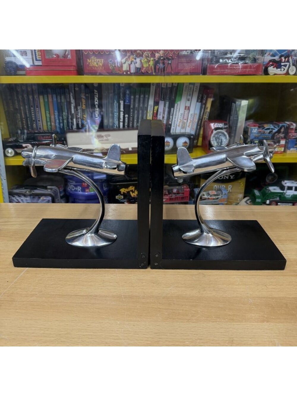 Vintage Art Deco Style Airplane Bookends Aluminum Twin Engine Propeller Plane